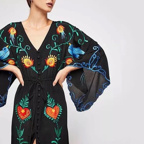 Boho Embroidered Hearts Floral Birds Long Maxi Kimono Dress - Picture 8 of 16